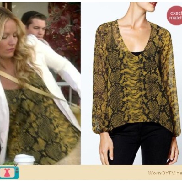 ASO Sheer V Neck Yellow Black Curved Hem Snakeprint Blouse byEightyEight Size S - Picture 13 of 14